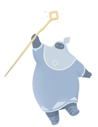 Grey character with grey dress and ponytail lifting a stick up.