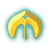 Manta ray shaped yellow symbol with a blue turquoise shadow around it.